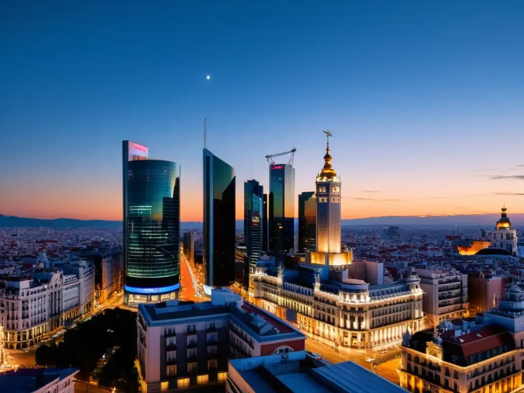 Madrid al atardecer: Tradición e innovación en una panorámica impactante Vista panorámica de Madrid al atardecer, con los hitos icónicos de la ciudad iluminados