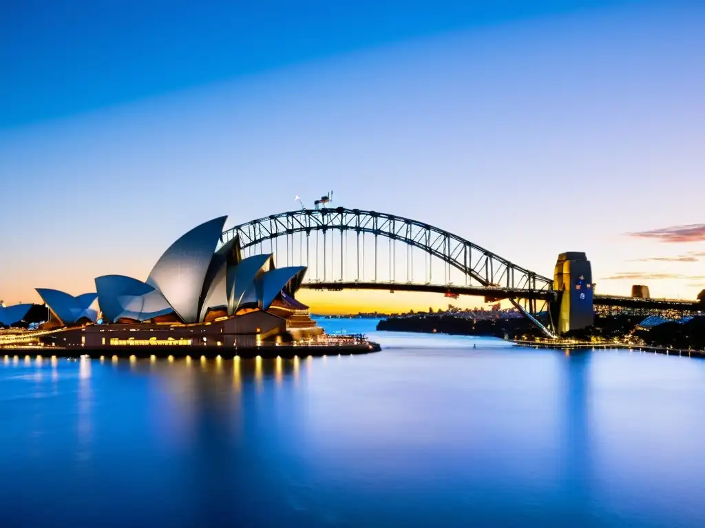 Vista panorámica de Sydney al atardecer, con la ópera y puente prominentes