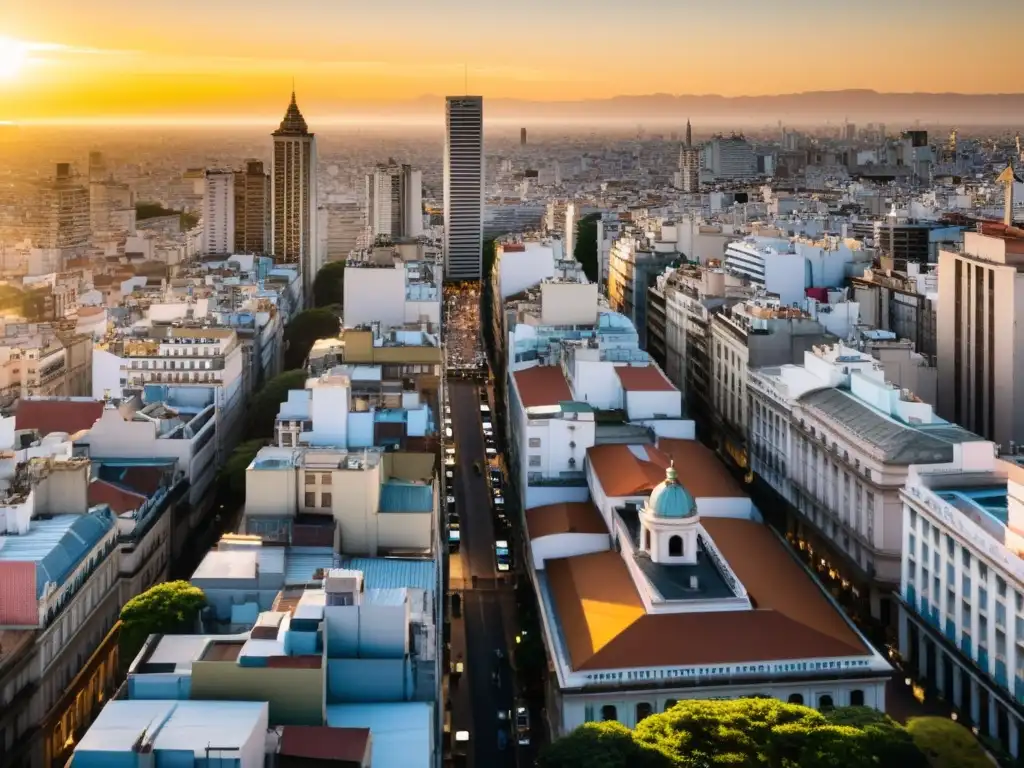 Vista panorámica de Buenos Aires al atardecer con un resplandor dorado, capturando la modernidad de la ciudad