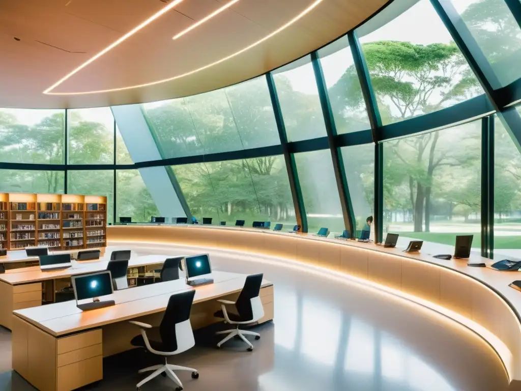 Vista panorámica de una biblioteca futurista con arquitectura moderna, luz natural y alta tecnología