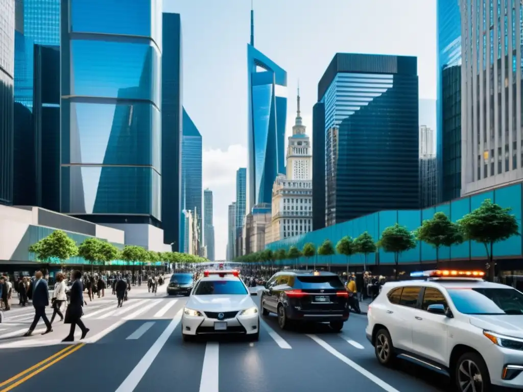 Vista panorámica de una bulliciosa calle de la ciudad con rascacielos al fondo, representando la intersección entre la vigilancia gubernamental y la privacidad personal en un entorno urbano moderno