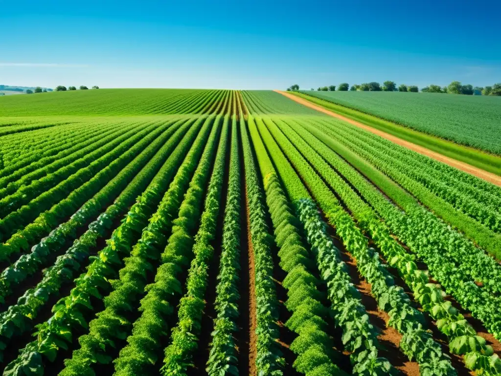 Vista panorámica de un campo agrícola verde exuberante, con cultivos ordenados bajo el sol