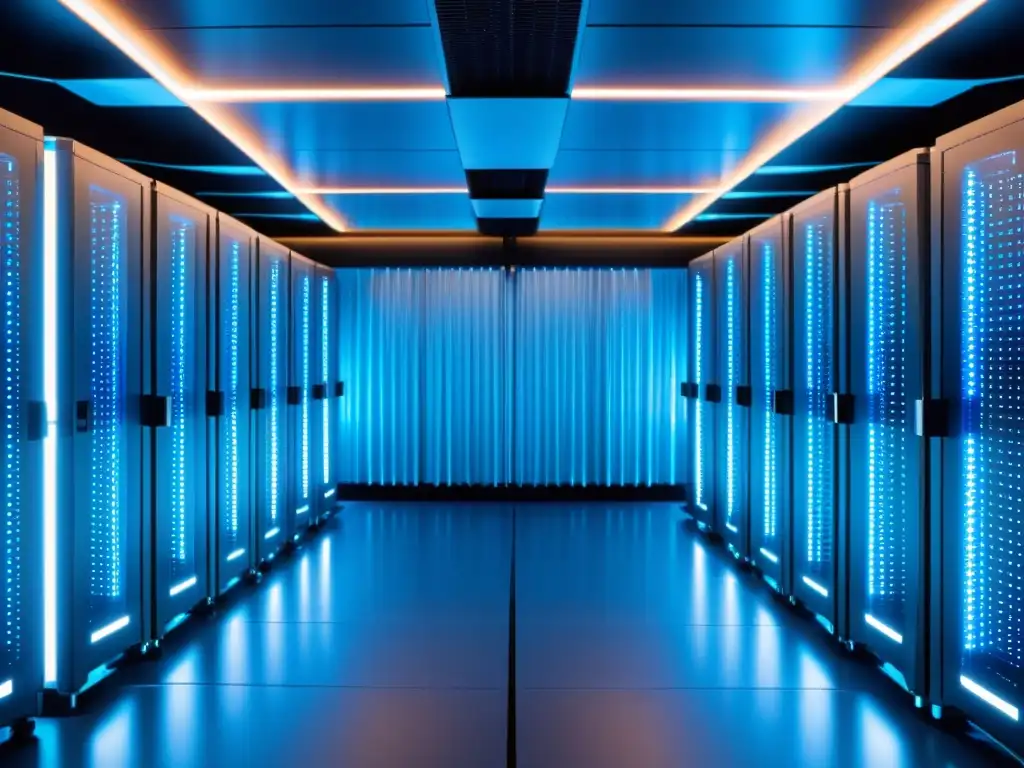 Vista panorámica de un centro de datos futurista, iluminado en azul, con servidores brillantes y cables de fibra óptica