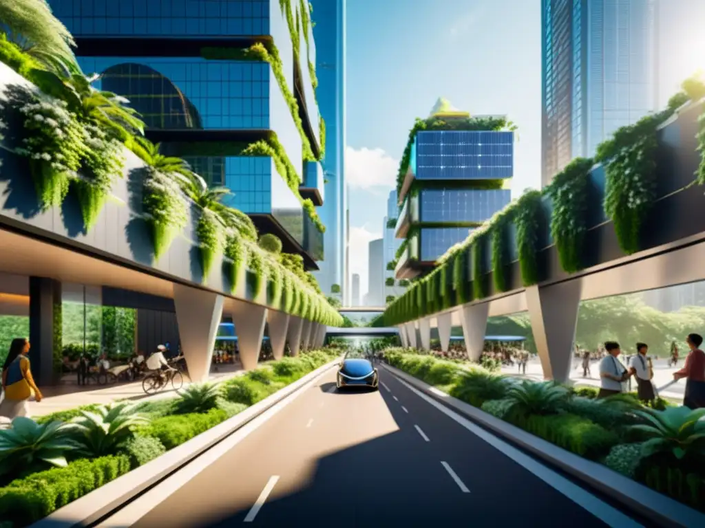 Vista panorámica de una ciudad futurista con rascacielos sostenibles y abundante vegetación, reflejando el desarrollo sostenible en marcas