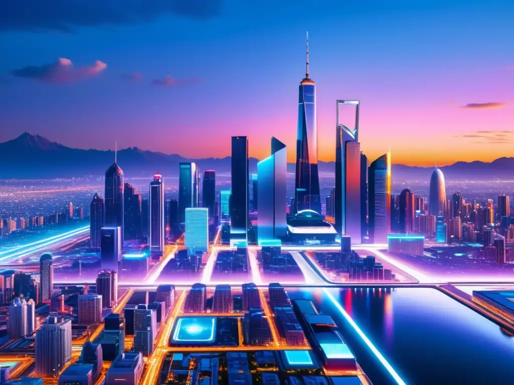 Vista panorámica de una ciudad futurista con rascacielos, transporte avanzado y luces de neón, reflejando innovación y modernidad