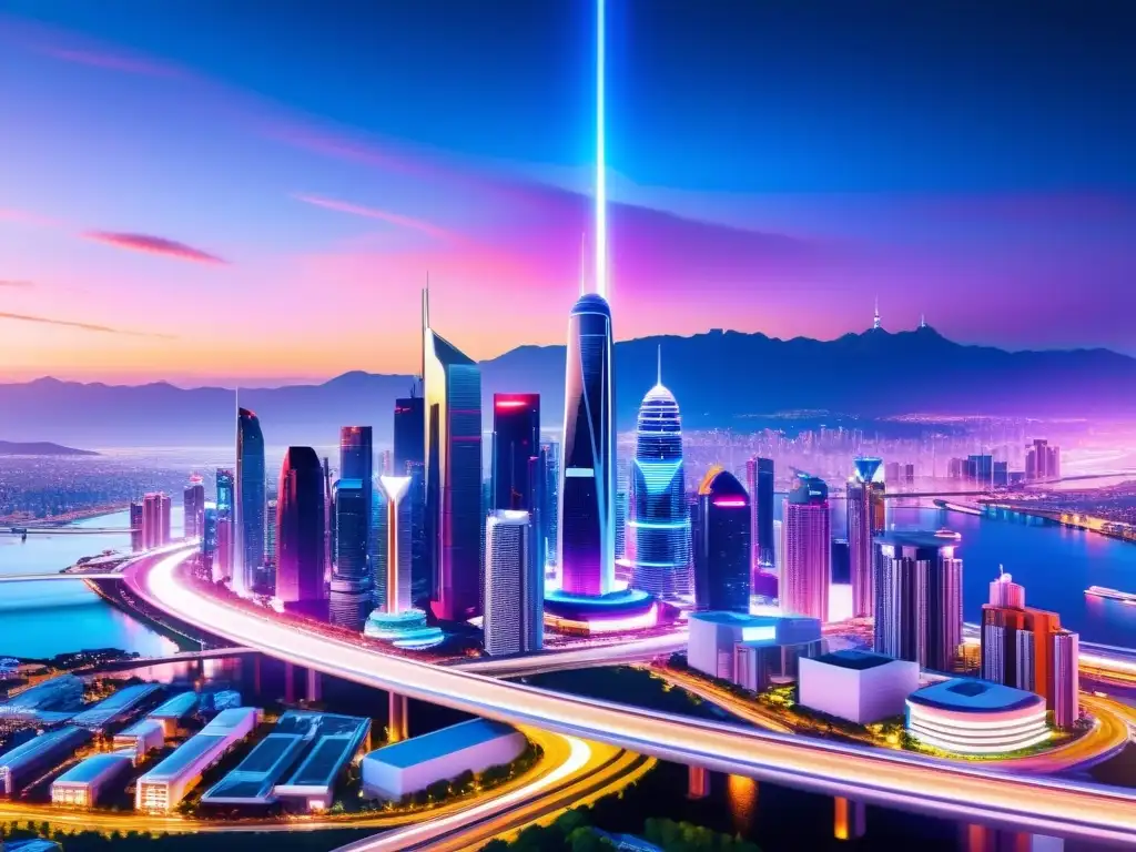 Vista panorámica de una ciudad futurista con edificios modernos y luces de neón, reflejando avance tecnológico