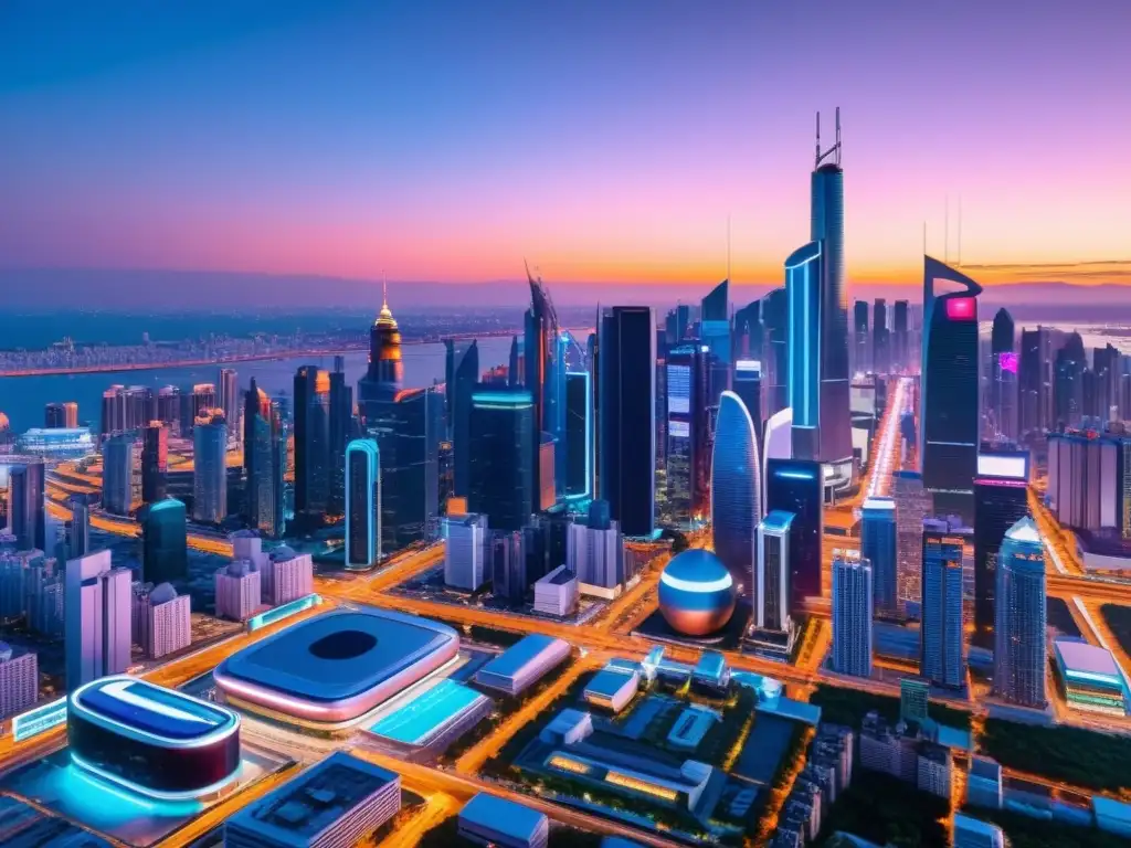 Horizonte futurista: Ciudad AI en evolución Vista panorámica de una ciudad futurista al anochecer, llena de rascacielos con letreros de neón y proyecciones holográficas