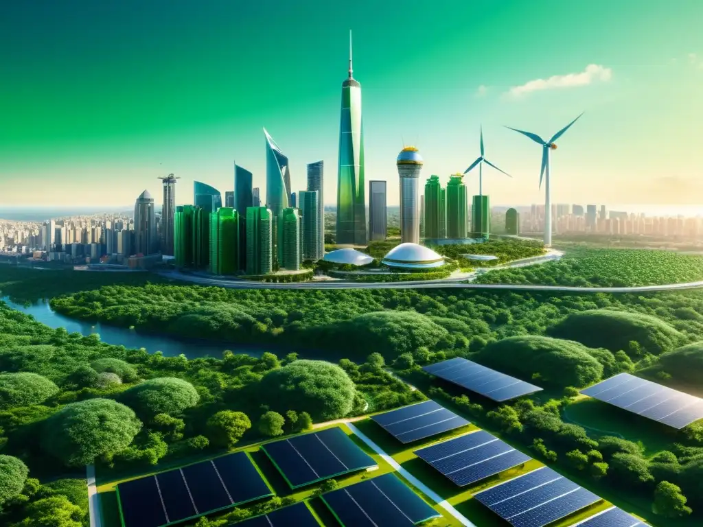 Vista panorámica de una ciudad futurista con rascacielos verdes, energía renovable y la temática de impacto de patentes en la economía verde