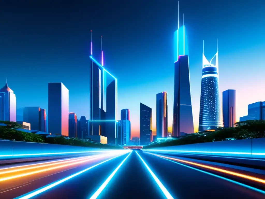 Vista panorámica de una ciudad futurista con rascacielos iluminados por luces de neón, reflejando innovación y creatividad