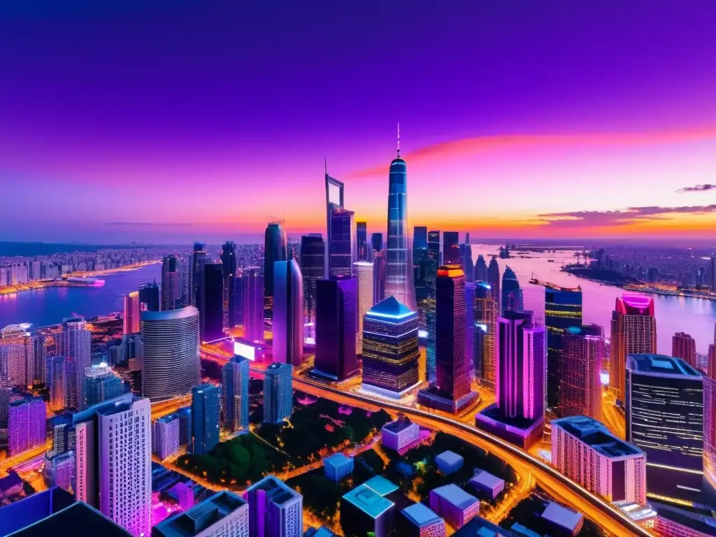 Vista panorámica de una ciudad futurista con rascacielos y caminos iluminados, creando una atmósfera de ciencia ficción