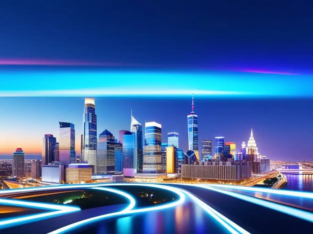 Vista panorámica de la ciudad futurista con rascacielos iluminados por luces de neón, holograma de documentos legales y legisladores