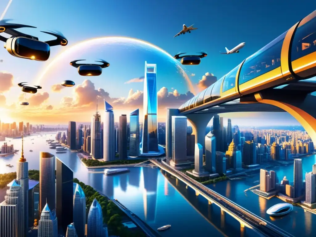 Vista panorámica de una ciudad futurista con rascacielos, tecnología VR y acuerdos de licencia de usuario final realidad virtual