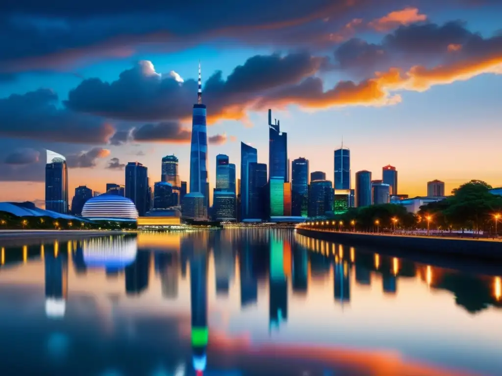 Vista panorámica de una ciudad moderna al anochecer, con rascacielos iluminados reflejándose en el río