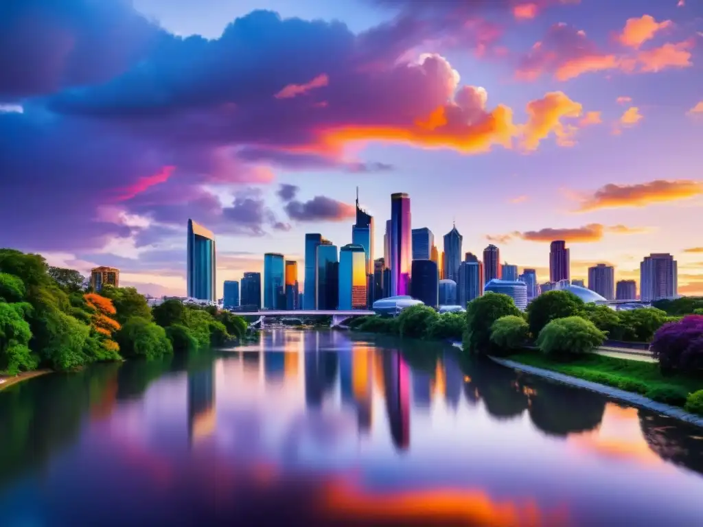 Vista panorámica de una ciudad moderna al atardecer, con rascacielos reflejando la cálida luz dorada