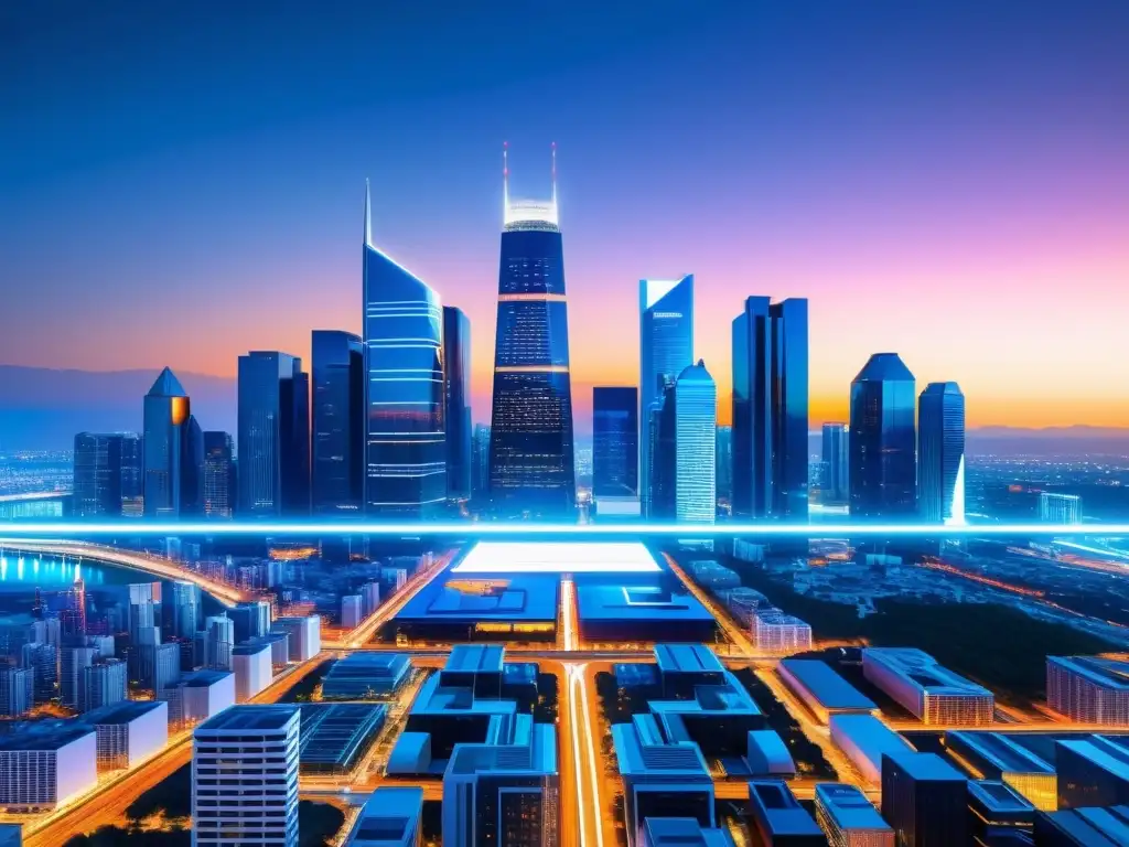 Vista panorámica de una ciudad moderna con rascacielos futuristas y luces vibrantes, reflejando la intersección entre marcas, privacidad digital y negocio