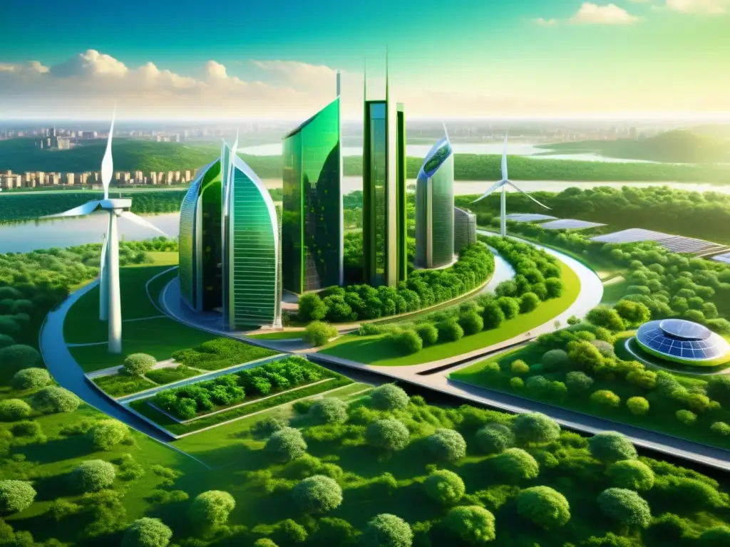 Vista panorámica de una ciudad sostenible con arquitectura futurista, energía renovable y naturaleza exuberante
