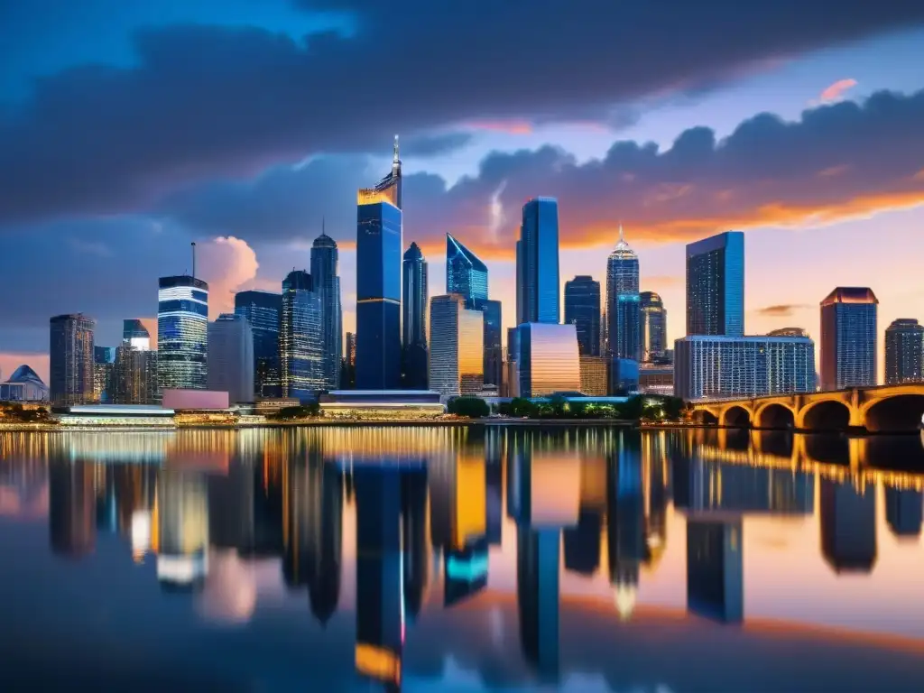 Vista panorámica de una ciudad vibrante al anochecer, con rascacielos modernos iluminados reflejándose en el río