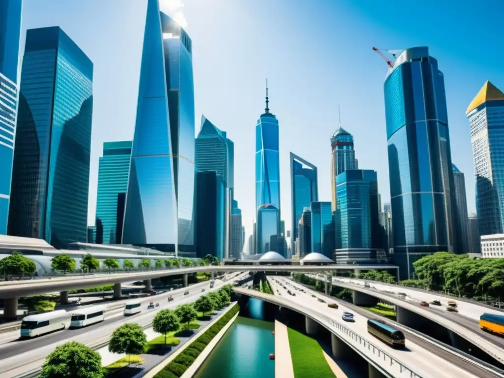 Vista panorámica de un distrito de negocios internacional con rascacielos modernos