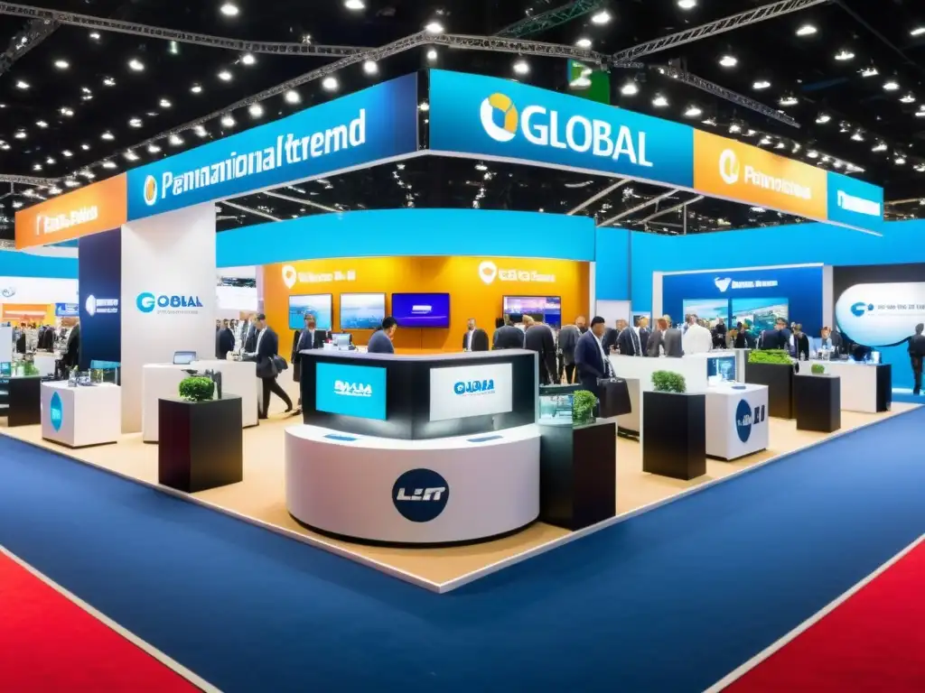 Vista panorámica de una feria comercial internacional con marcas globales y productos de diferentes países