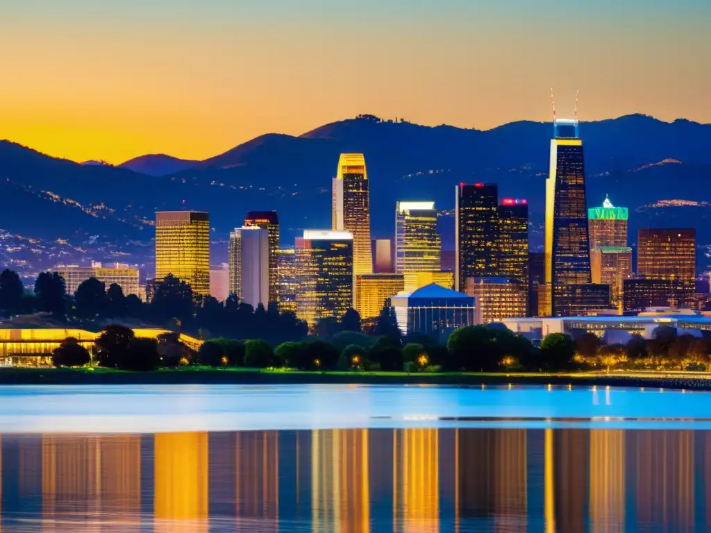 Vista panorámica del icónico skyline de Silicon Valley al atardecer, reflejando el resplandor dorado del sol