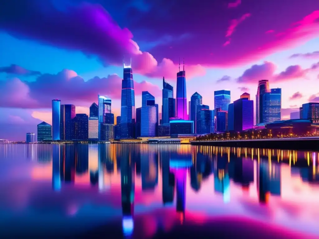 Vista panorámica de una moderna ciudad al anochecer, con luces de neón resplandecientes en rascacielos y reflejos en el río