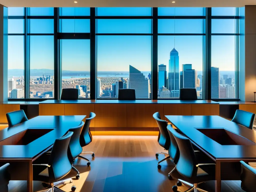 Vista panorámica de una moderna sala de tribunal con luz natural y equipos legales debatiendo, transmitiendo profesionalismo y autoridad