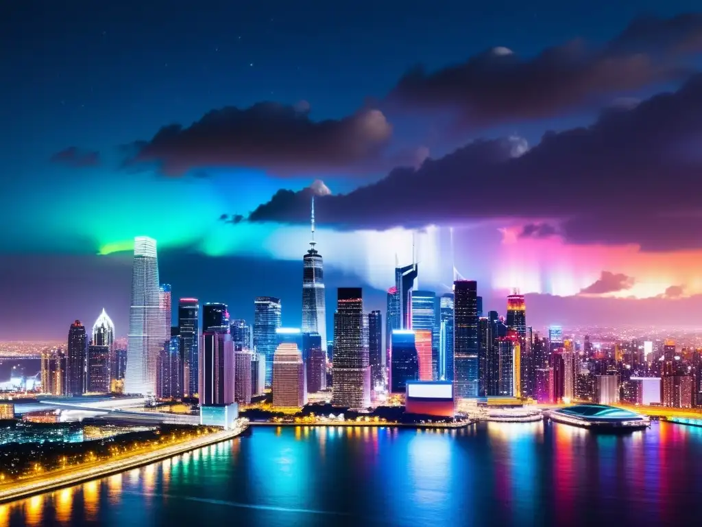 Vista panorámica nocturna de una ciudad futurista con luces neón y rascacielos, simbolizando la innovación y la estrategia de marcas en Big Data