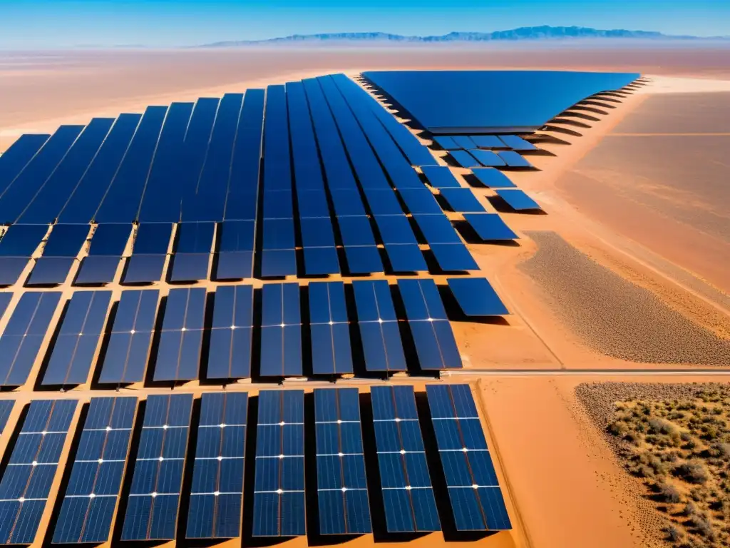 Vista panorámica de una planta solar en el desierto, con paneles solares en patrones geométricos, reflejando la luz del sol