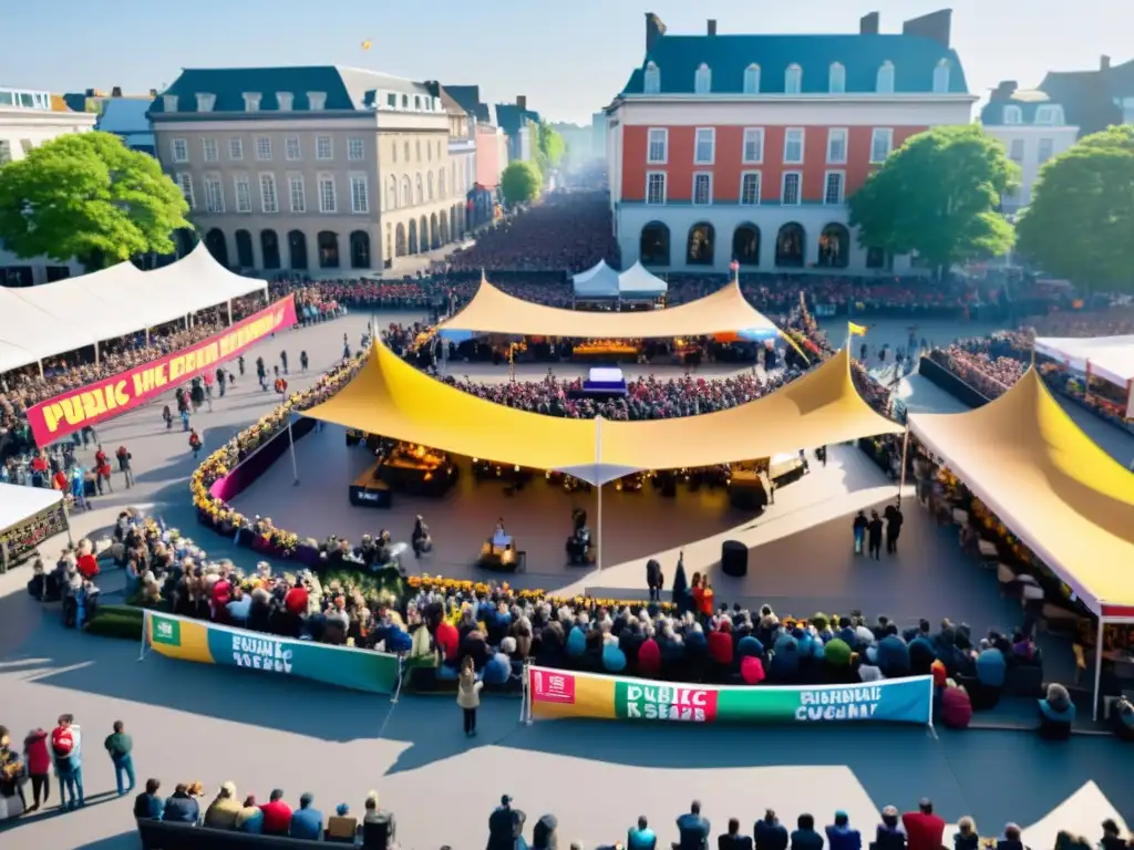 Vista panorámica de una plaza llena de gente en un evento público, con un escenario en el fondo y decoraciones coloridas