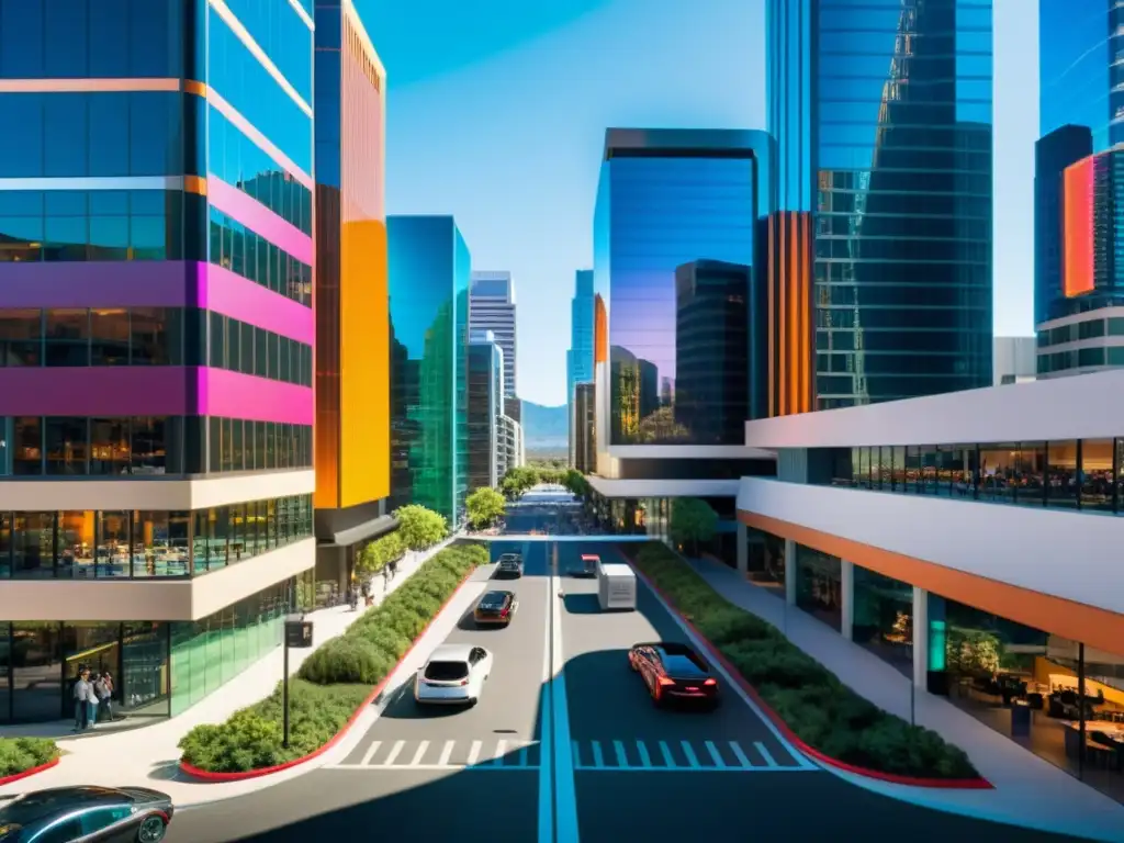 Vista panorámica de Silicon Valley con rascacielos futuristas y profesionales debatiendo, reflejando su atmósfera dinámica e innovadora