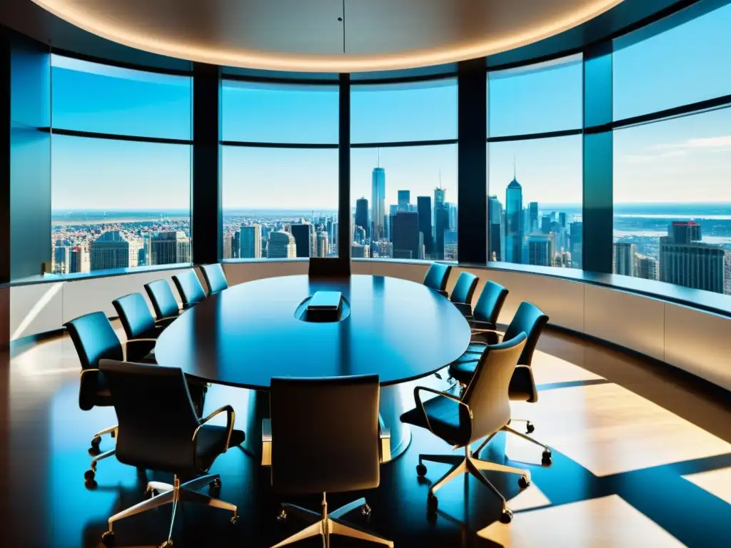 Vista panorámica de sala de juntas moderna con ejecutivos debatiendo, reflejando profesionalismo y dinamismo en fusión y adquisición empresas