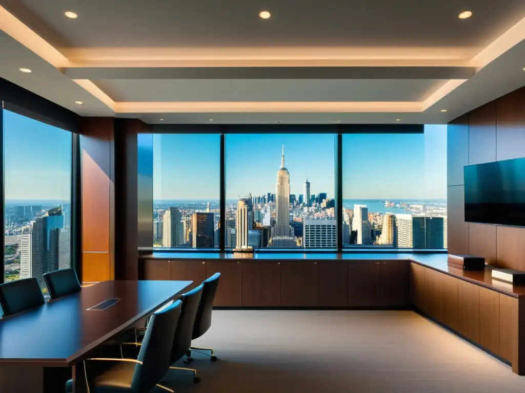 Vista panorámica de una sala de tribunal moderna con diseño minimalista, repleta de luz natural