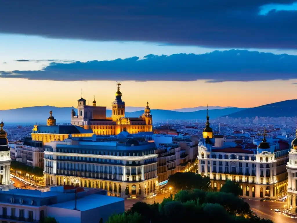 Horizonte nocturno de Madrid: fusión de tradición y modernidad Vista panorámica del skyline de Madrid al anochecer, destacando la combinación de arquitectura moderna e histórica