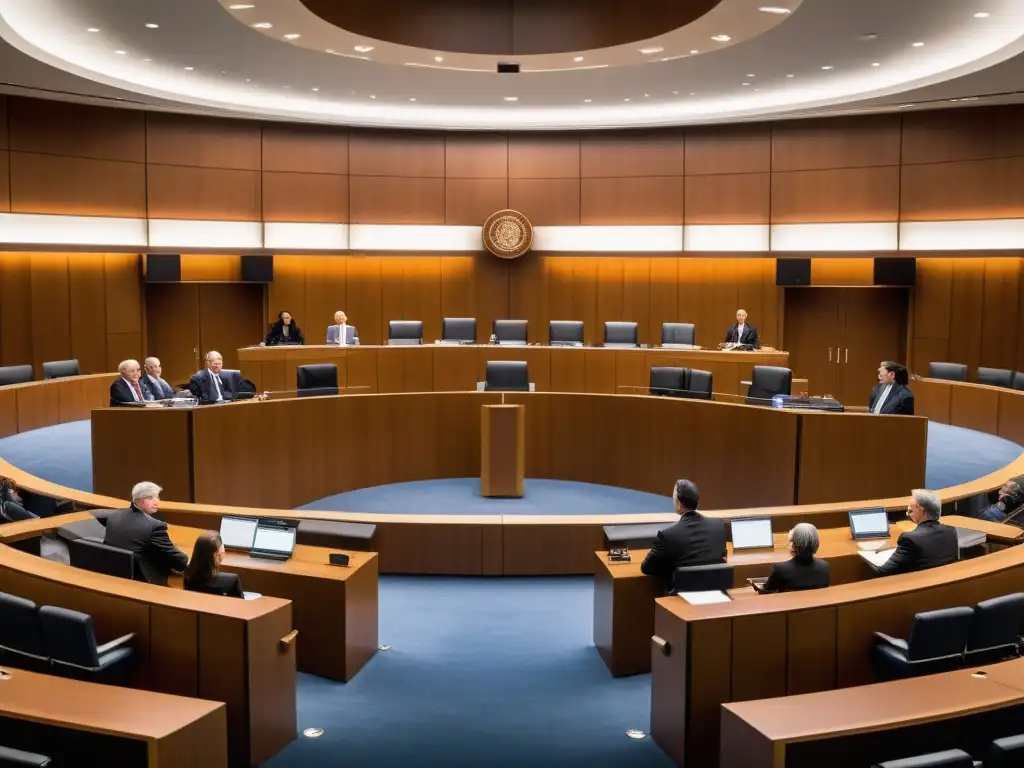 Vista panorámica de un tribunal abarrotado con un juez severo presidiendo el juicio, abogados presentando pruebas y una atmósfera tensa