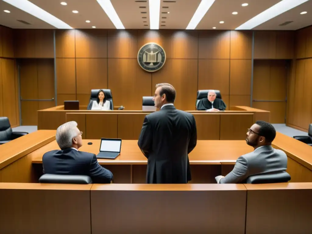 Vista de una sala de juicios con abogados, jurado, demandante y demandado, mostrando estrategias efectivas en juicios de patentes