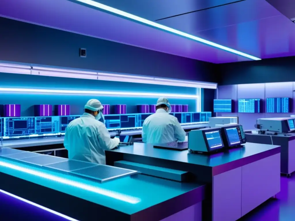 Vista en 8k de una sala limpia de fabricación de semiconductores, ingenieros trabajando bajo luces azul y morada