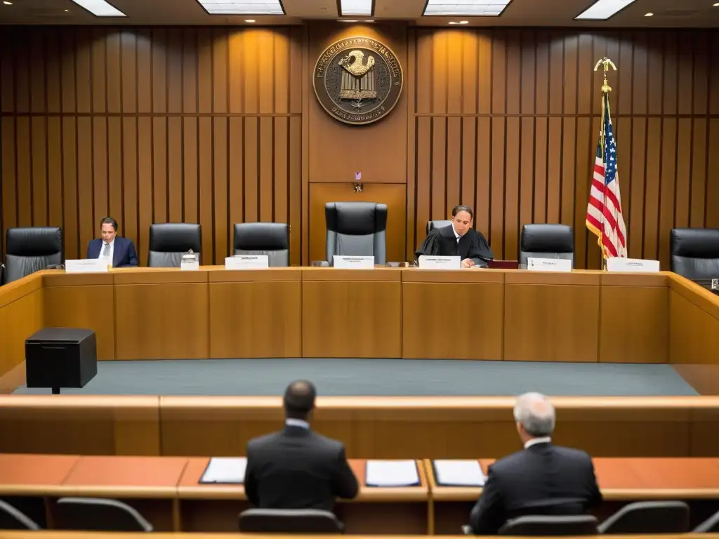 Vista de una sala de tribunal con un juez y participantes en un caso de infracción de derechos de autor en redes sociales