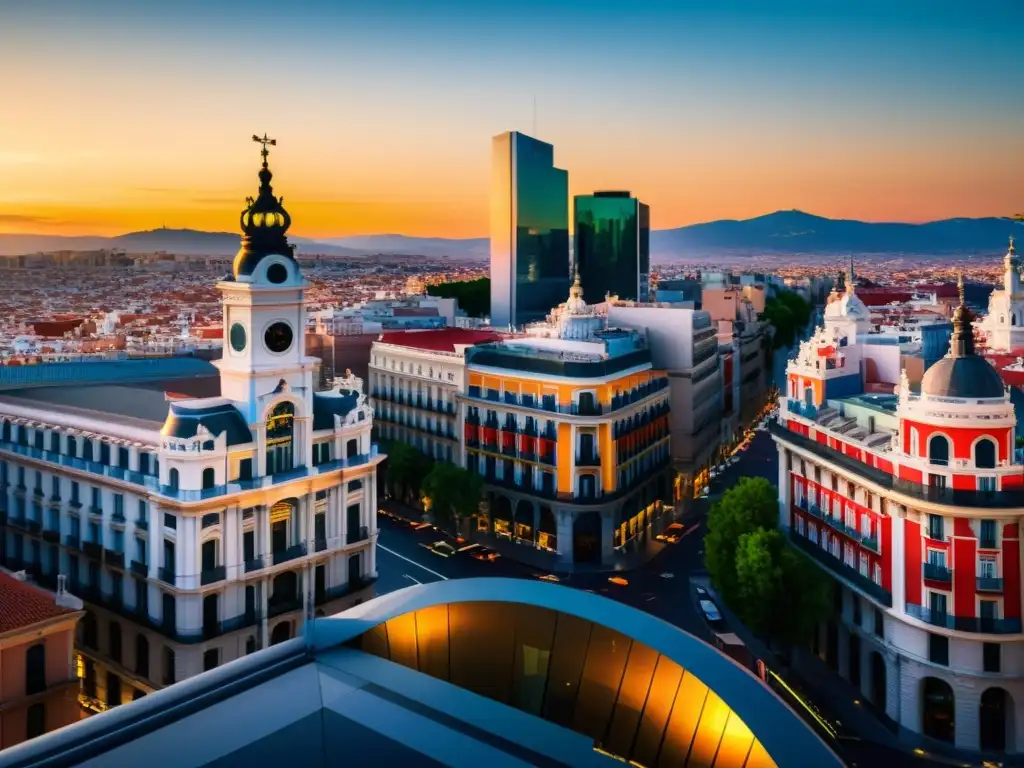 Vista urbana de Madrid al atardecer, reflejando el dinamismo y sofisticación de la ciudad