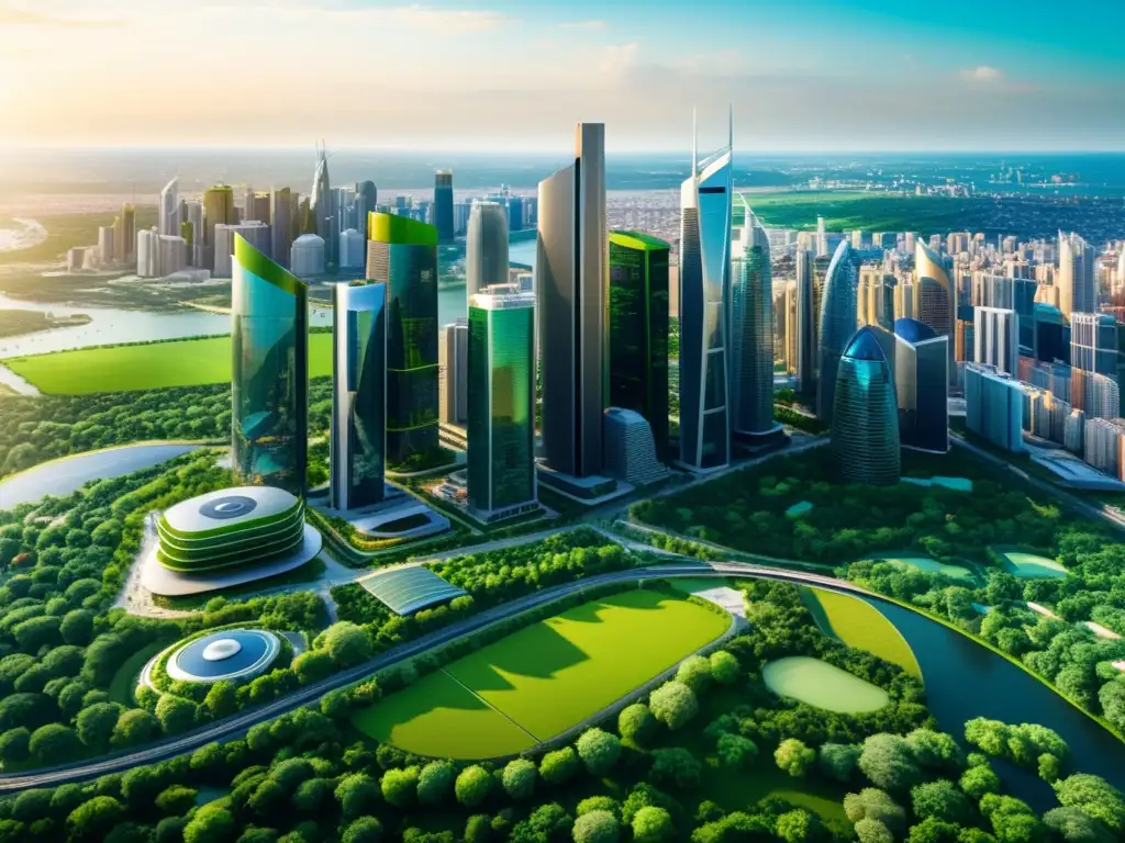 Vista urbana futurista con rascacielos sostenibles y naturaleza, simbolizando políticas corporativas responsables y propiedad intelectual
