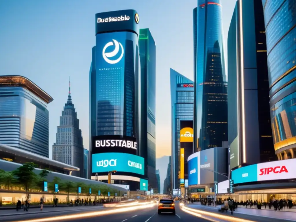 Vista urbana con marcas sostenibles y comerciales en digital billboards, reflejando innovación y progreso en branding sostenible