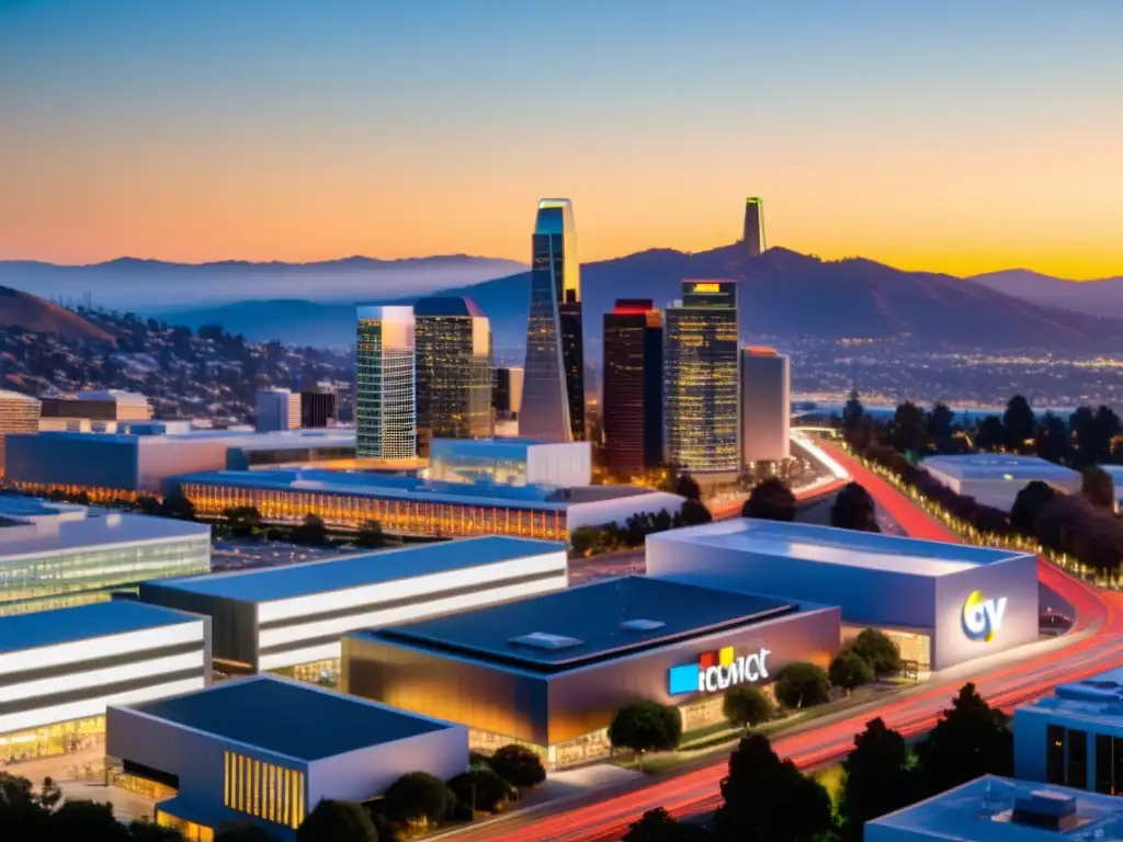 Vista urbana de Silicon Valley al anochecer, con modernos edificios iluminados por el sol