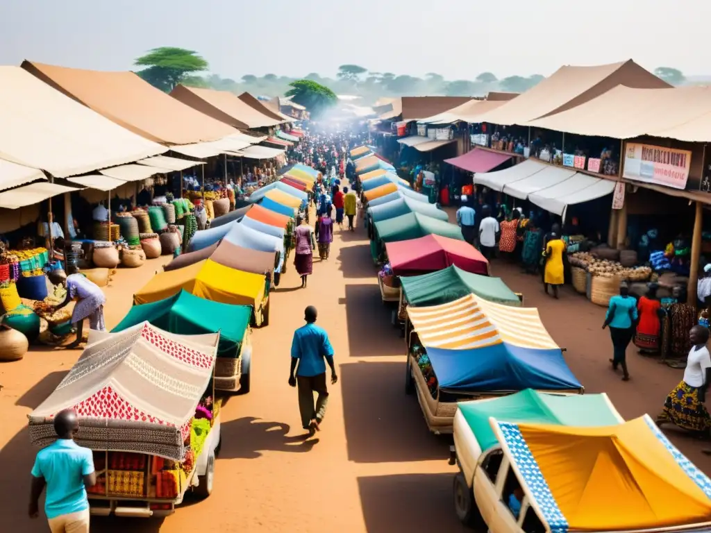 Vista vibrante de un bullicioso mercado africano con artesanías y telas coloridas, reflejando la propiedad intelectual en África