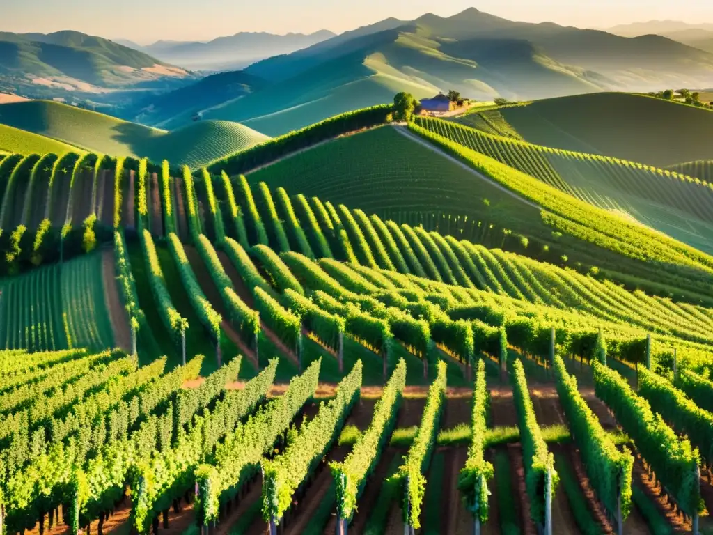 Vistas aéreas de viñedos verdes con el sol poniéndose sobre las montañas