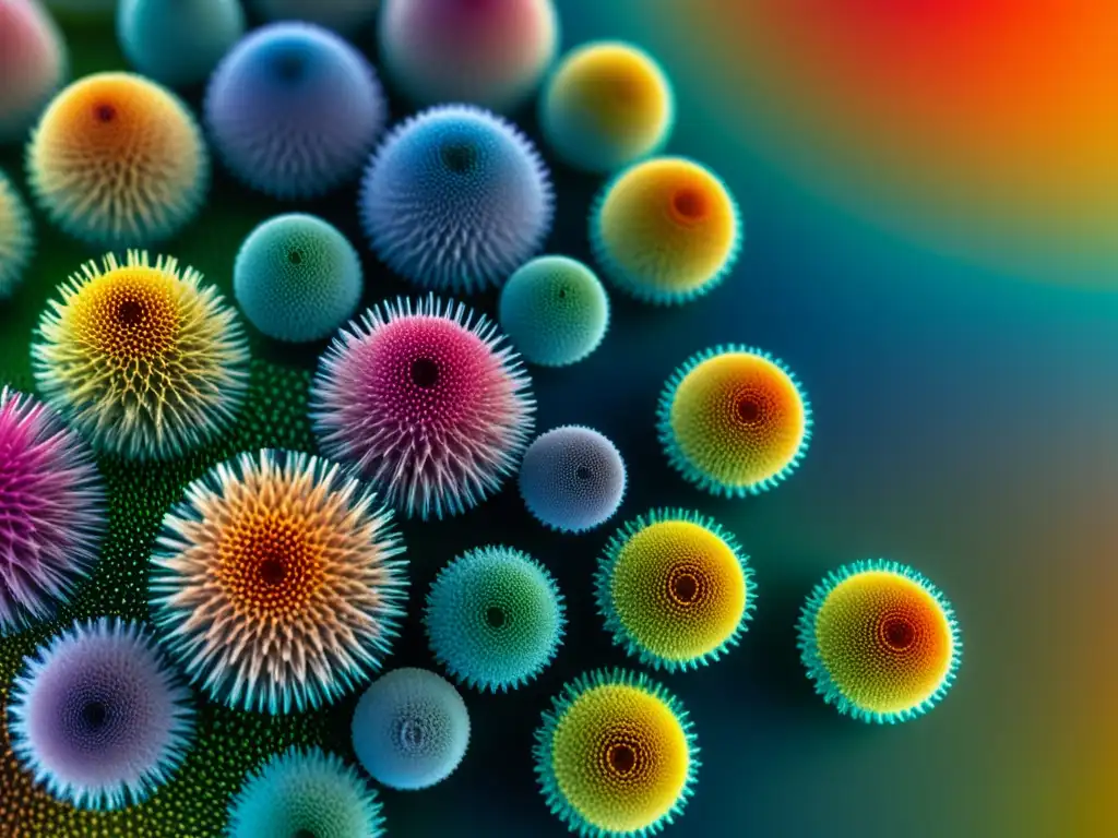 Un vistazo detallado a una vibrante y moderna representación de nanopartículas, destacando su compleja estructura y colores