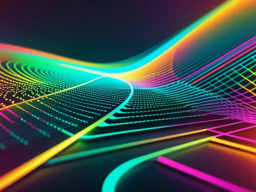 Representación visual de cláusulas esenciales licencias software entrelazadas en una compleja red, con colores neon y líneas dinámicas