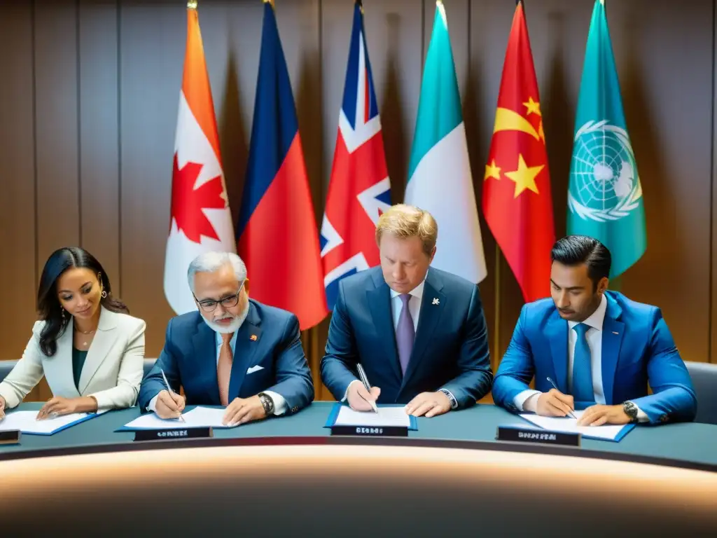 Representación visual de delegados internacionales firmando un tratado de derechos de autor en una conferencia moderna, con las banderas de diferentes países al fondo, transmitiendo profesionalismo y colaboración