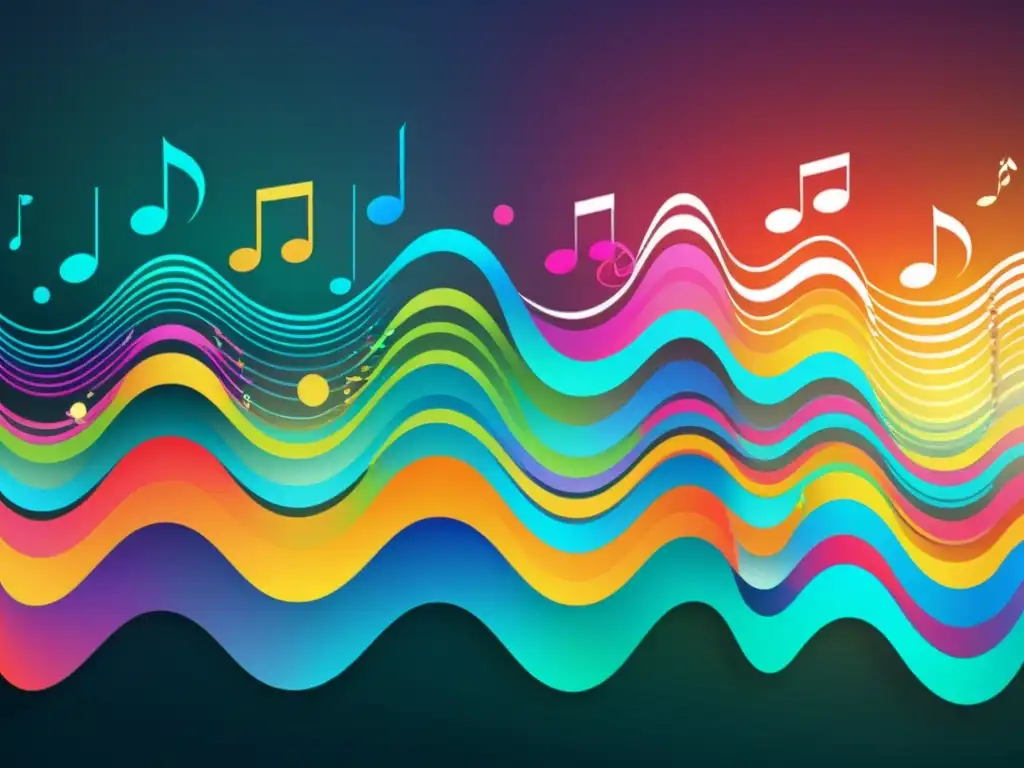 Una representación visual dinámica y moderna de los derechos de autor en música digital, con ondas de sonido, símbolos de copyright y notas musicales entrelazadas en colores vibrantes