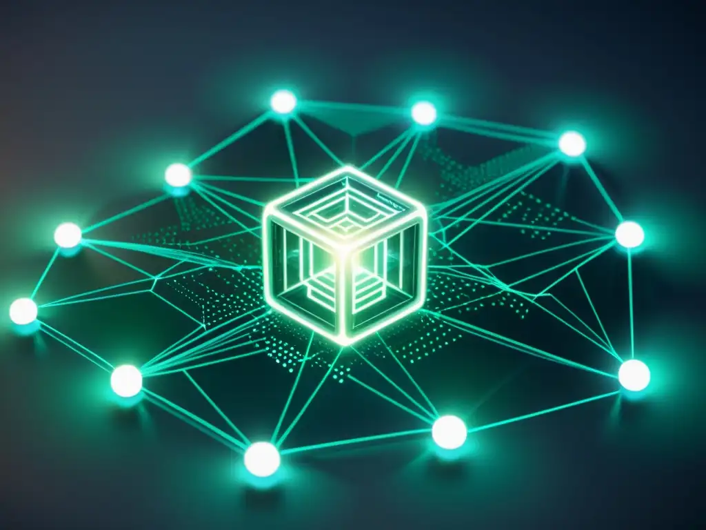 Una representación visual impactante de una red blockchain futurista y transparente, con bloques de datos interconectados por líneas brillantes