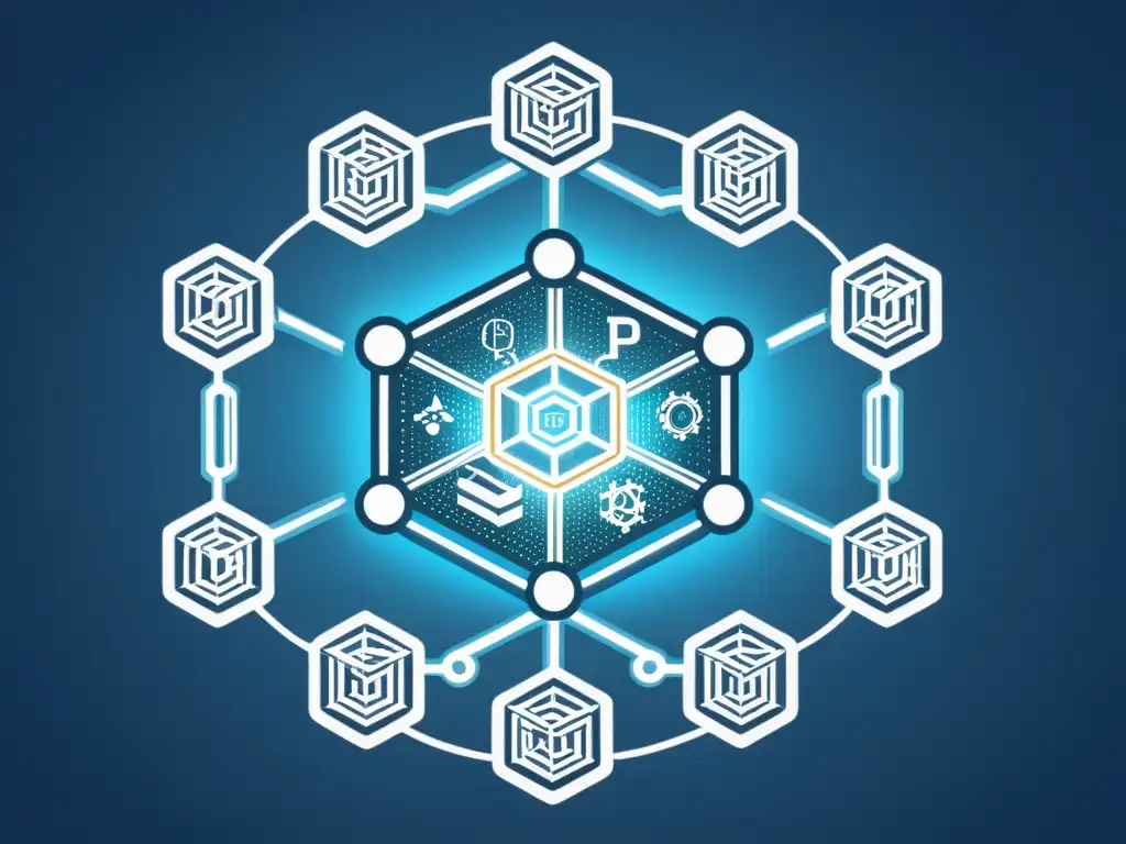 Una representación visual de nodos blockchain interconectados con símbolos de propiedad intelectual