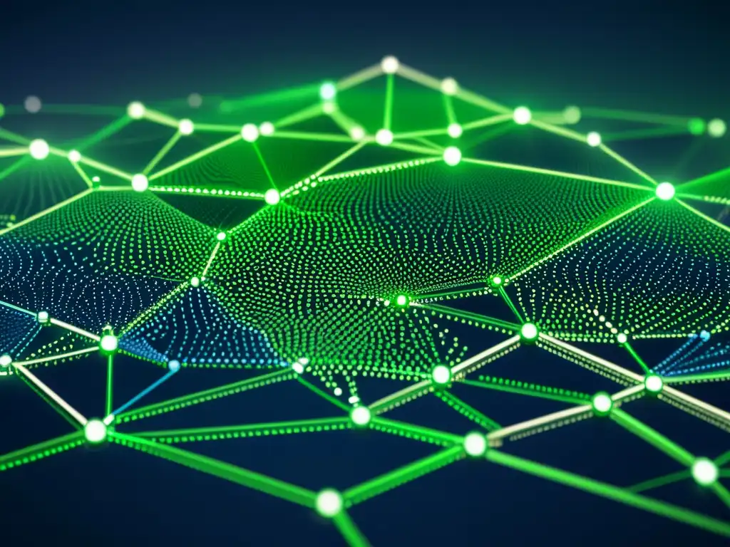 Una visualización detallada de una red blockchain con nodos interconectados, en tonos azules, verdes y metálicos